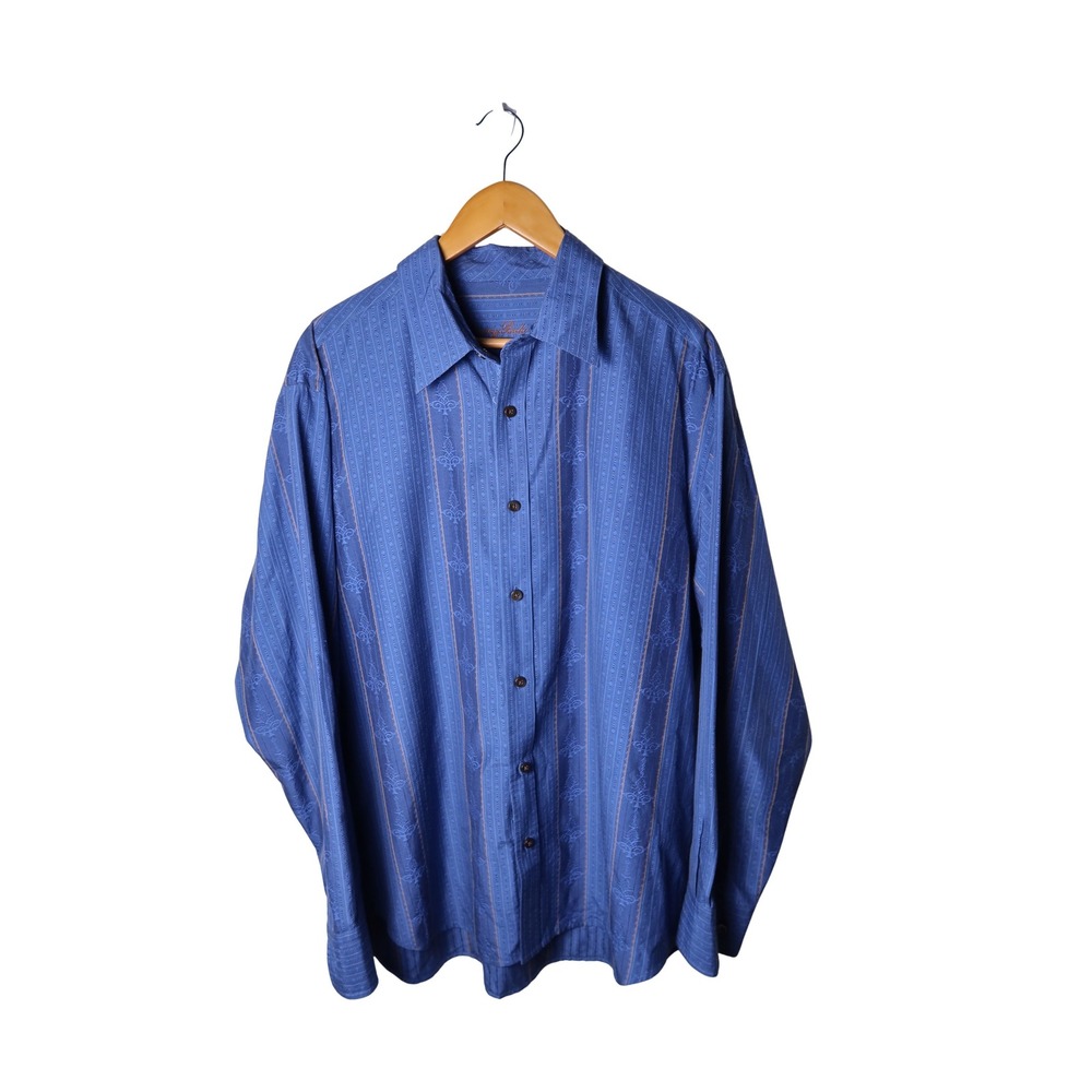 Robert Graham Mens Blue Fleur-De-Lis Jacquard Stripe Long Sleeve Shirt Size L